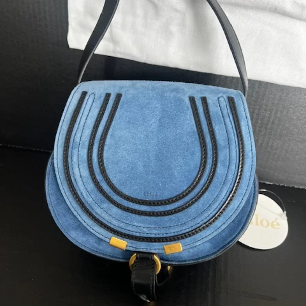 Brand New With Tags Chloe Marcie Cross Body Saddle Blue Suede Bag - Picture 12 of 13